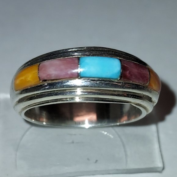 Native American Wide turquoise  & spiny oyster Inlay Ring Signed I J - Picture 1 of 11